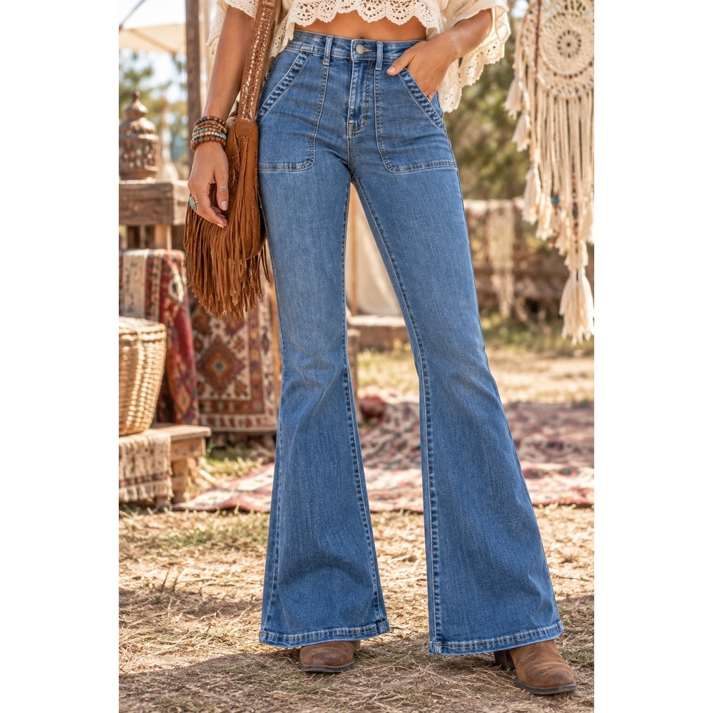 Knox Rose Womens High Rise Flare Jeans Medium Wash Patch Pocket Size 4 Long